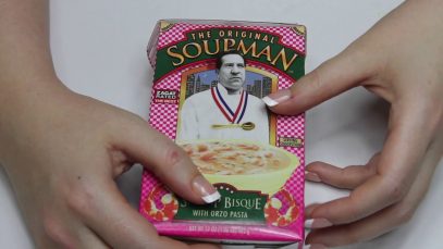ASMR – Binaural reading ingredients of Seinfeld’s Soupman soup & tapping for relaxation and sleep