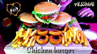 تحدي اكل3 بركر دجاج بالجبنه مع حلقات البصل المقرمشه?Chicken BURGER challenge(ASMR)