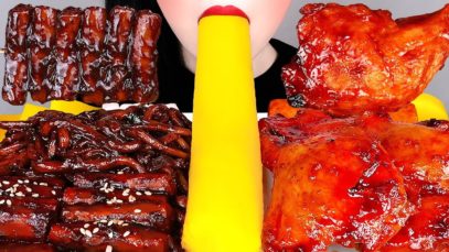 ASMR BLACK BEAN NOODLES, CHICKEN 짜장떡볶이 레시피, 양념치킨, 통단무지 먹방 TTEOKBOKKI RECIPE COOKING & EATING MUKBANG