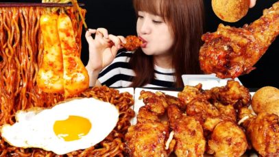 ASMR (BLACK BEAN NOODLES, SPICY SOY SOUCE CHICKEN, CHEESE BALL). MUKBANG