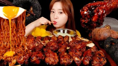 ASMR (BLACK PARTY)푸라닭BLACK BEAN NOODLES, CHICKEN, CHEESE BALL, SQUID, CHEESE CAKE, CHOCOLATE BREAD.