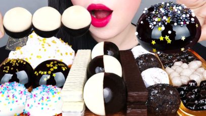 ASMR BLACK&WHITE DESSERT 블랙앤화이트 디저트 JELLY, CREAM PUFF, TAPIOCA PEARLS, GALAXY CANDY EATING MUKBANG