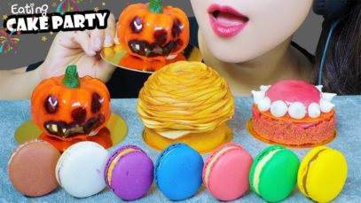 ASMR CAKE PARTY (HALLOWEEN PUMPKIN , PINK SUN , APPLE TART, MACARON) EATING SOUND | LINH-ASMR
