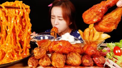 ASMR CARBO FIRE NOODLE, KOREAN CHICKEN. 교촌반반콤보, 까르보불닭  MUKBANG