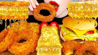 ASMR CHEESE ONION RINGS, HONEYCOMB, BURGER, HASH BROWNS 더블 치즈버거, 벌집꿀, 치즈 양파링, 해쉬브라운먹방 EATING MUKNBAG