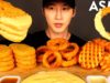 ASMR CHEESY HASH BROWNS, ONION RINGS & WAFFLE FRIES MUKBANG (No Talking) EATING SOUNDS