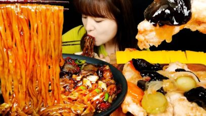 ASMR (COOKING & EATING) HOMEMADE BLACK BEAN NOODLES, SWEET AND SOUR PORK *TANGSUYUK. MUKBANG