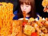 ASMR (COOKING & EATING) SPICY FIRE NOODLES , FRIED SHRIMP, GRILLED CORN BUTTER. MUKBANG