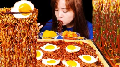 ASMR (COOKING & EATING) SPRING ONION KIMCHI AND CUP BLACK BEAN NOODLES, DUMPLINGS. MUKBANG