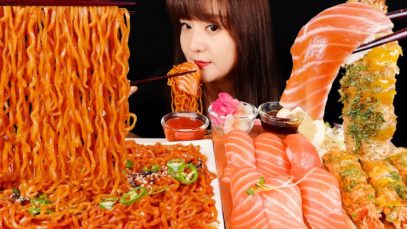 ASMR (DINNER)SPICY FIRE NOODLES, SALMON SUSHI, FRIED SHRIMP. MUKBANG