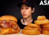 ASMR DOUBLE BACON BURGER & ONION RINGS MUKBANG (No Talking) UNBOXING & EATING SOUNDS