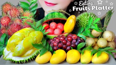 ASMR EATING FRUITS PLATTER (MANGO ,GRAPES ,RAMBUTAN ,STRAWBERRY ,DURIAN ,WATER MELON )| LINH ASMR