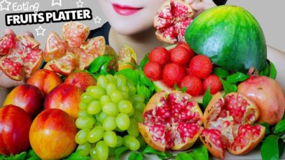 ASMR EATING FRUITS PLATTER (PEACH , WATER MELON , GREEN GRAPES , POMEGRANATES ) | LINH-ASMR
