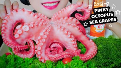 ASMR EATING GIANT PINKY OCTOPUS X SEA GRAPES , CHEWY CRUNCHY EATING SOUNDS | LINH-ASMR