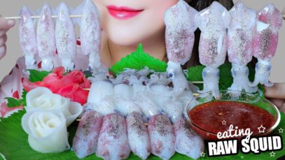 ASMR EATING RAW SQUIDS X SPICY SAUCE CHEWY EATING SOUNDS | LINH-ASMR