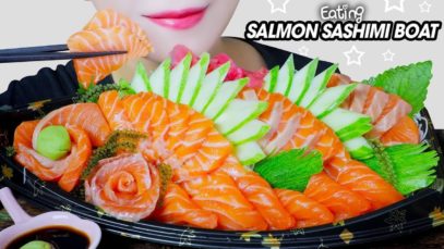 ASMR EATING SALMON SASHIMI BOAT (RAW SALMON) SOFT CHEWY EATING SOUND | LINH-ASMR