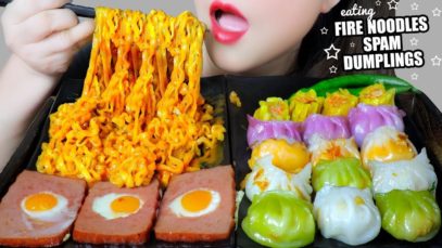 ASMR EATING SAMYANG CARBO NOODLES X DUMPLINGS X FRIED QUAIL EGGS SPAM EATING SOUND | LINH-ASMR