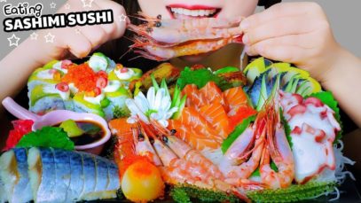 ASMR EATING SASHIMI X SUSHI ROLL (RAW SALMON,SCALLOP,OCTOPUS , TOBIKO EGGS,SWEET SHRIMP| LINH-ASMR