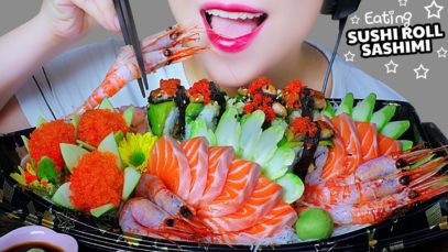 ASMR EATING SUSHI ROLL X SASHIMI BOAT(RAW SALMON SWEET SHRIMPS TOBIKO EGGS)EATING SOUNDS | LINH ASMR