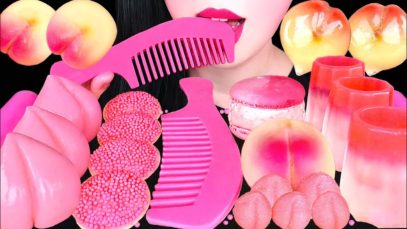 ASMR EDIBLE HAIR COMB, PINK JELLO SHOTS, PEACH JELLY, UFO CANDY 핑크색 디저트 *먹는 빗, 먹는 컵, 복숭아 젤리 MUKBANG