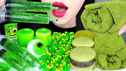 ASMR GREEN FOOD 초록색 디저트 먹방 *먹는 수건, 주사기, 로프젤리 EDIBLE TOWEL CREPE CAKE, SYRINGE, ROPE JELLY MUKBANG