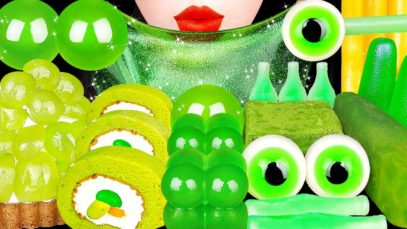 ASMR GREEN FOODS *GLITTER SLIME JELLY, GREEN TEA ICE CREAM, WAX BOTTLES, CAKE EATING SOUNDS MUKBANG