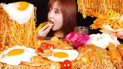 ASMR 미고랭 INDOMIE MI GORENG, MI GORENG SAUCE ENOKI MUSHROOM, FRIED SHRIMP  MUKBANG