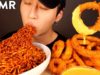 ASMR MUKBANG BLACK BEAN FIRE NOODLES & CHEESY ONION RINGS (No Talking) COOKING & EATING SOUNDS