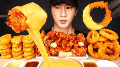 ASMR MUKBANG CHEESY FRIED CHICKEN & ONION RINGS & CHICKEN NUGGETS (No Talking) EATING SOUNDS