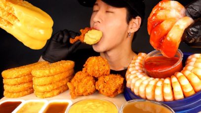ASMR MUKBANG CHEESY HASH BROWNS & SPICY FRIED CHICKEN & SHRIMP COCKTAILS (No Talking) EATING SOUNDS