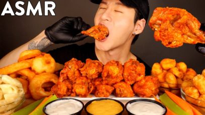 ASMR MUKBANG CHICKEN WINGS & ONION RINGS & MAC & CHEESE & TATER TOTS (No Talking) EATING SOUNDS