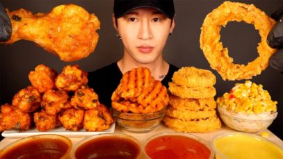 ASMR MUKBANG CHICKEN WINGS & ONION RINGS & WAFFLE FRIES & CORN (No Talking) EATING SOUNDS