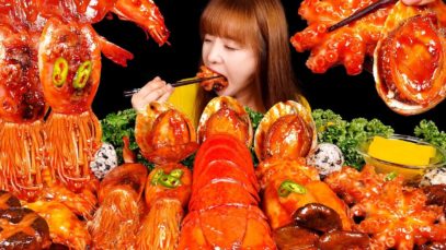 ASMR MUKBANG (COOKING) SPICY SEAFOOD (LOBSTER TAIL, ABALONE, OCTOPUS, SHRIMP, SQUID, ENOKI MUSHROOM)