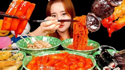 ASMR MUKBANG:) Korean street food party(Tteokbokki, tempura, fish cake, sundae, gimbap, noodles)떡볶이