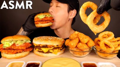 ASMR MUKBANG SPICY CHICKEN SANDWICH & CHEESY ONION RINGS & TRIPLE CHEESEBURGER (No Talking)