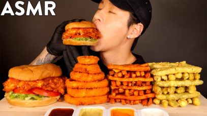 ASMR MUKBANG SPICY CHICKEN SANDWICH & ONION RINGS & FRIES & TEMPURA (No Talking) EATING SOUNDS