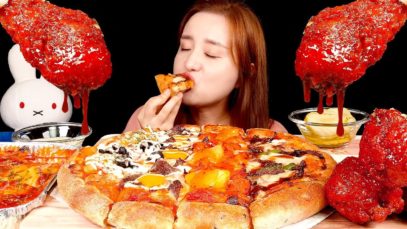 ASMR MUKBANG :) SPICY FIRE CHICKEN, PIZZA WITH VARIOUS FLAVORS, CHEESE RICE CAKE. 청년피자,불닭치킨