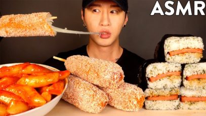 ASMR MUKBANG SPICY RICE CAKES & MOZZARELLA CORN DOGS & SPAM MASUBI (No Eating) EATING SOUNDS