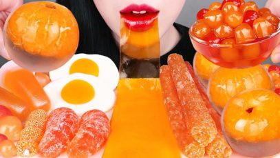 ASMR ORANGE FOOD 주황색 디저트 먹방 SHEET JELLY, TANGERINE JELLY, CHEETOS, TAPIOCA PEARL BOBA EATING MUKBANG