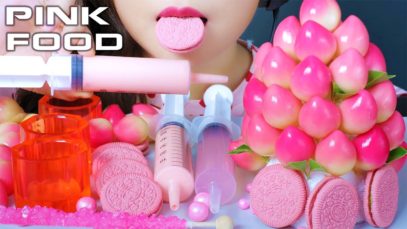 ASMR PINK FOOD PLATTER PEACH MUNG BEAN CAKE EDIBLE GLASS PINK OREO CRYSTAL ROCK CANDY