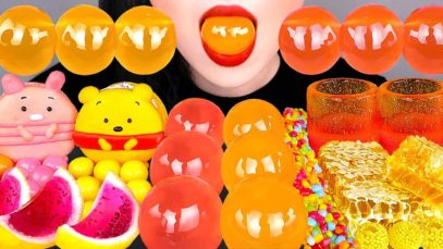 ASMR PINK YELLOW FOOD 노란색 분홍색 디저트 먹방 *먹는 컵젤리, 복숭아젤리, 망고젤리, 벌집꿀 EDIBLE JELLO CUPS, HONEYCOMB MUKBANG