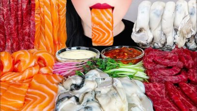 ASMR RAW BEEF, SALMON, OYSTER 육회, 생굴, 연어회, 홀스래디쉬 소스 먹방 SEAFOOD MUKBANG (NO TALKING) EATING SOUNDS