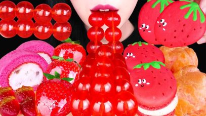 ASMR RED DESSERTS * STRAWBERRY MACARONS, TANGHULU, JELLY BALLS, ROLL CAKE EATING SOUNDS MUKBANG 먹방