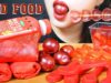 ASMR RED FOOD | EDIBLE TOWEL CREPES ROLL CAKE ,GLITTER GUMMY BALL ,JELLY , EDIBLE CHOCOLATE SPOON