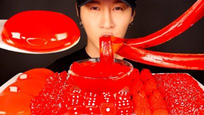 ASMR RED JELLY ORBS & ROCK CANDY & DICE GUMMY & JELLY NOODLE, PEEPS MARSHMALLOWS & RED SPRINKLES