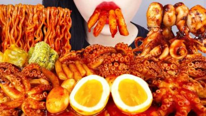 ASMR SPICY OCTOPUS, TTEOKBOKKI, NOODLES, DUMPLING, KIMMARI 쭈꾸미를 넣어 만든 매운 라볶이 김말이 만두 먹방 & 레시피 MUKBANG