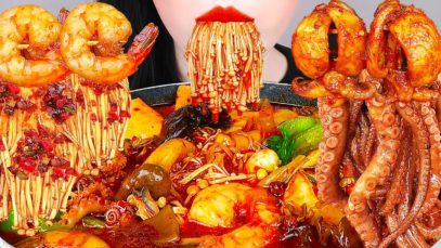 ASMR SPICY SEAFOOD HOT POT *OCTOPUS, OYSTERS, ENOKI MUSHROOM MALATANG COOKING&EATING SOUNDS MUKBANG