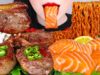 ASMR STEAK, FIRE NOODLES, SALMON, SQUID 양갈비 스테이크, 불닭볶음면, 연어회, 갑오징어 숙회먹방 (레시피) EATING SOUNDS MUKBANG
