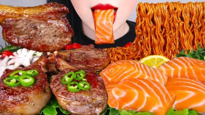 ASMR STEAK, FIRE NOODLES, SALMON, SQUID 양갈비 스테이크, 불닭볶음면, 연어회, 갑오징어 숙회먹방 (레시피) EATING SOUNDS MUKBANG