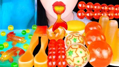 ASMR TIK TOK FRUITS JELLY, EDIBLE SPOON, SHEET JELLY 틱톡젤리, 먹는 숟가락, 넙적젤리, 오렌지 탕후루 먹방 EATING SOUNDS